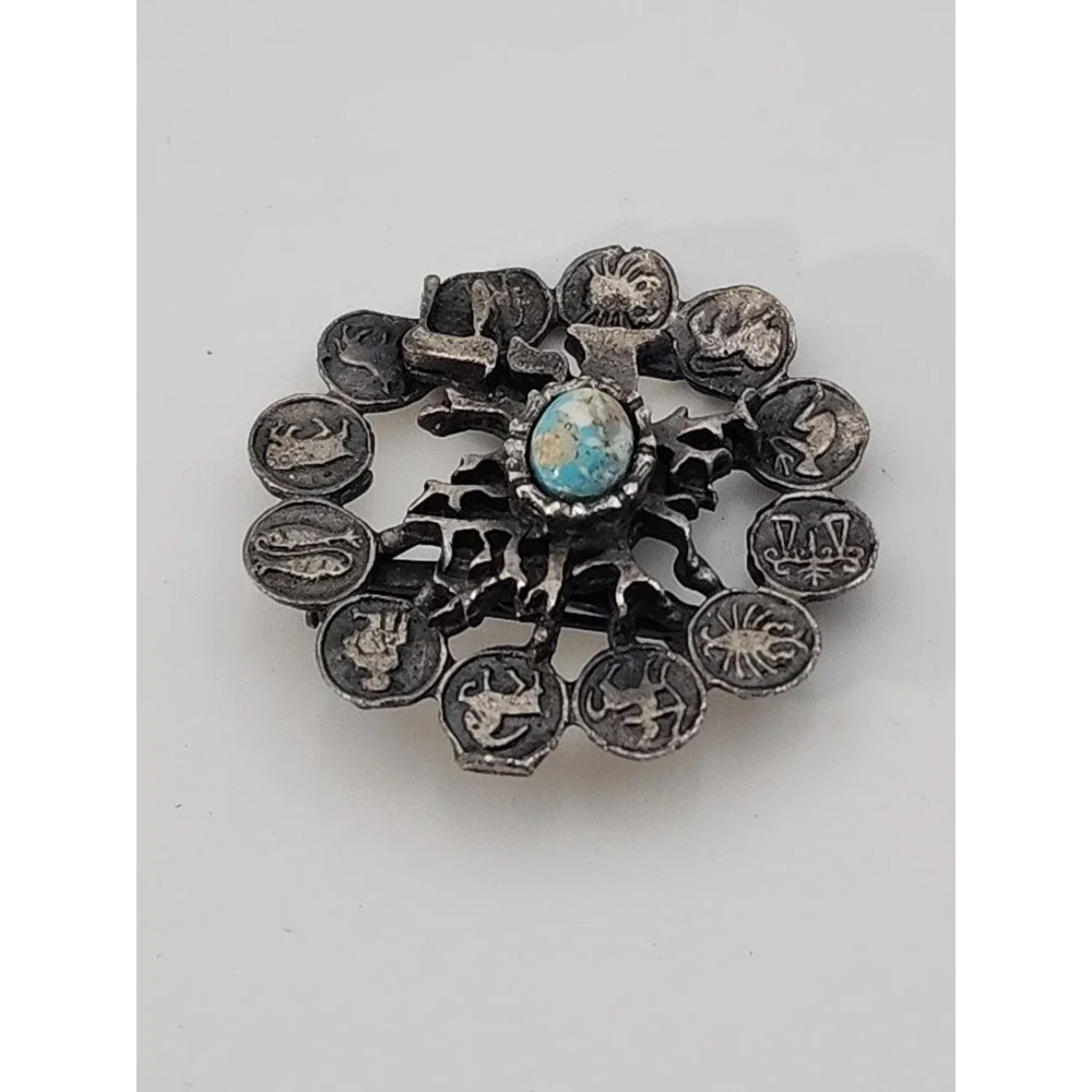 Vintage silver tone Western Astrology Zodiac Tree‎ of Life Chai brooch pin